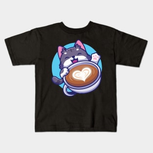 Cat so cute with coffee cup Kids T-Shirt